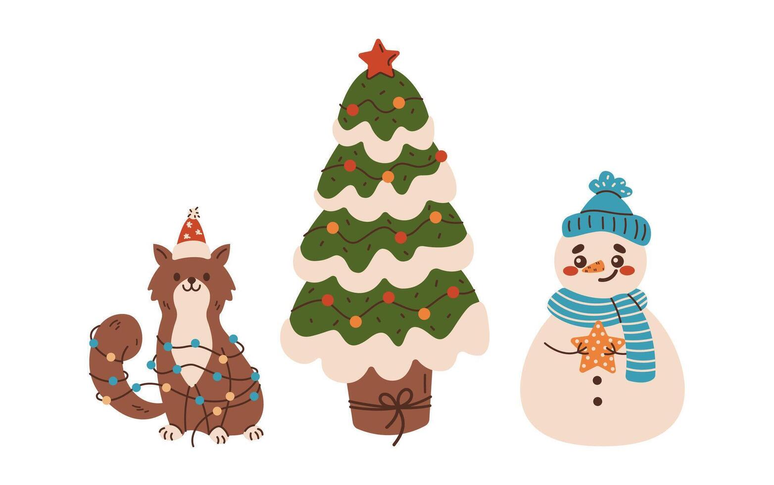 Cat near decorated Christmas tree and snowman flat color objects set. Happy winter holiday celebration symbols illustrations on white vector