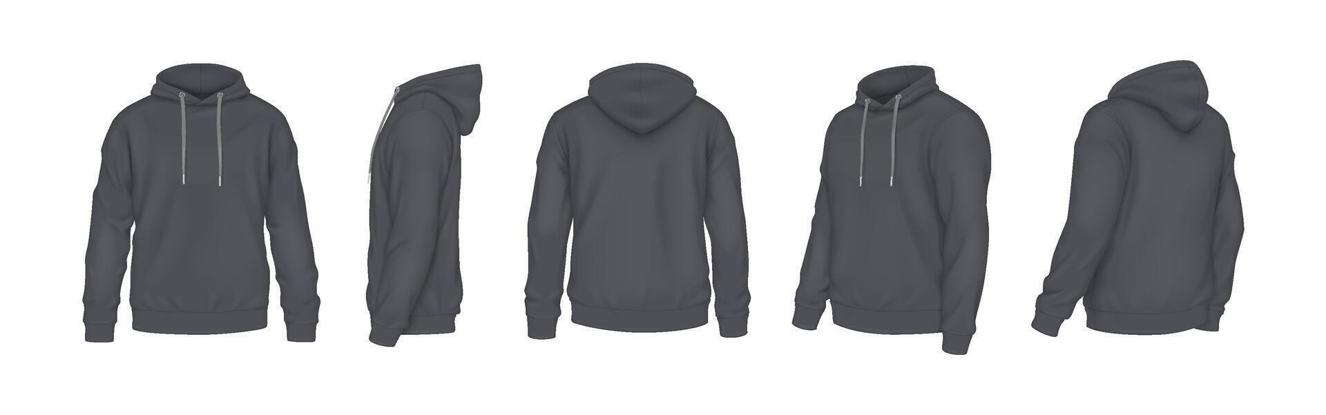 Black hoodies with place for company brand realistic illustration set. Sports apparel with design template 3d models on white vector