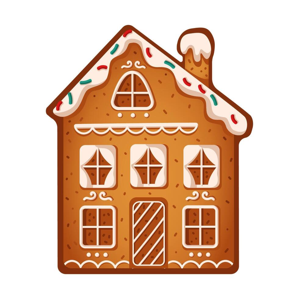 Charming gingerbread house with snow covered roof flat color object. Winter holiday season bakes snacks illustration on white background vector