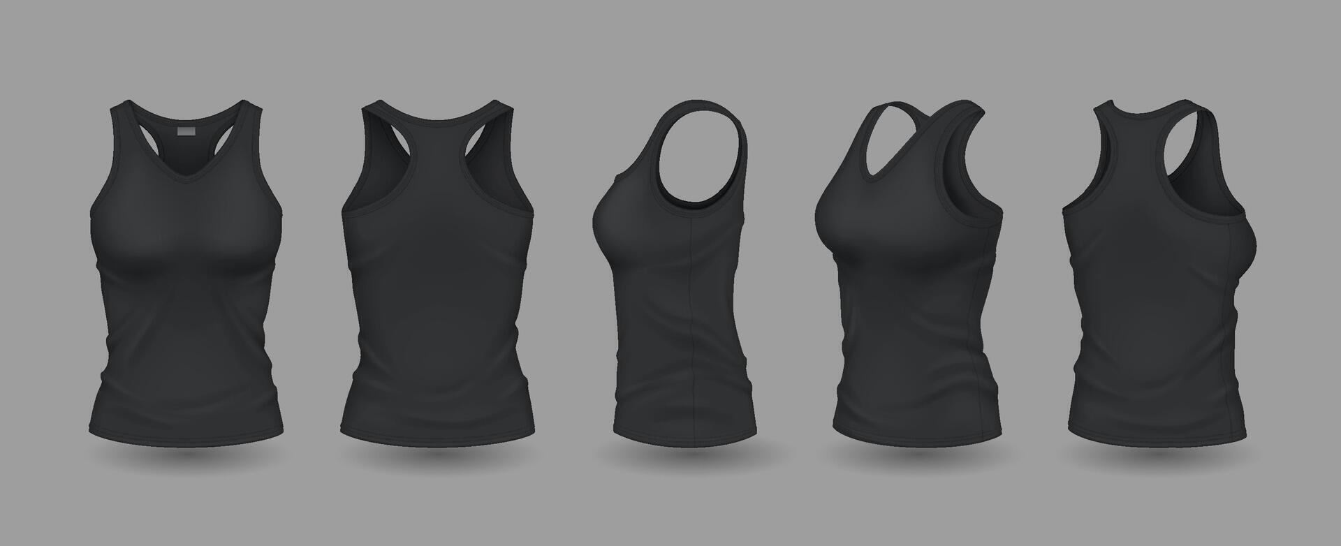Black women sleeveless shirts with logo mockup realistic illustration set. Summer outfit with logo template 3d models on grey background vector