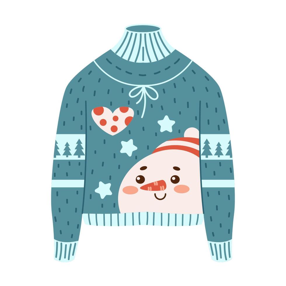 Blue Christmas sweater with cute smiling snowman face flat color object. Winter clothes festive design illustration on white background vector