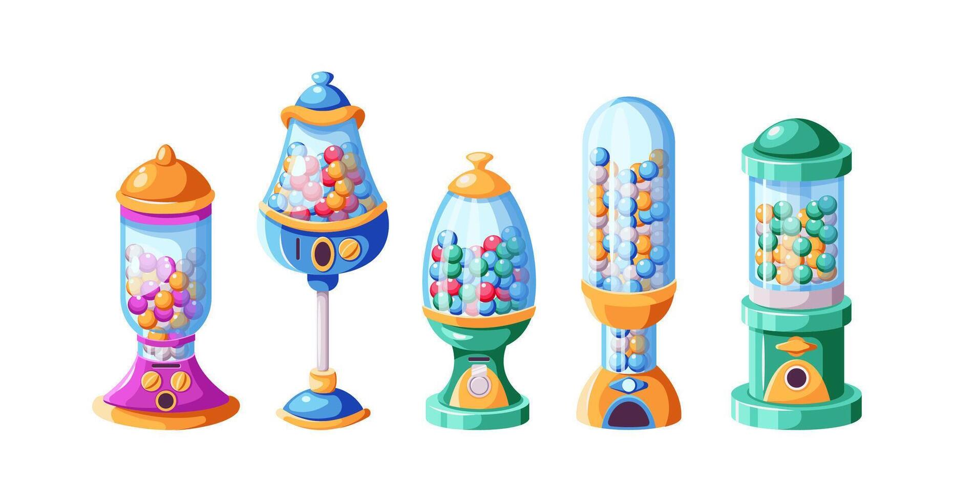 Vintage vending machines with colourful candies flat color illustration set. Dispensers filled with sugar bonbons creative icons vector
