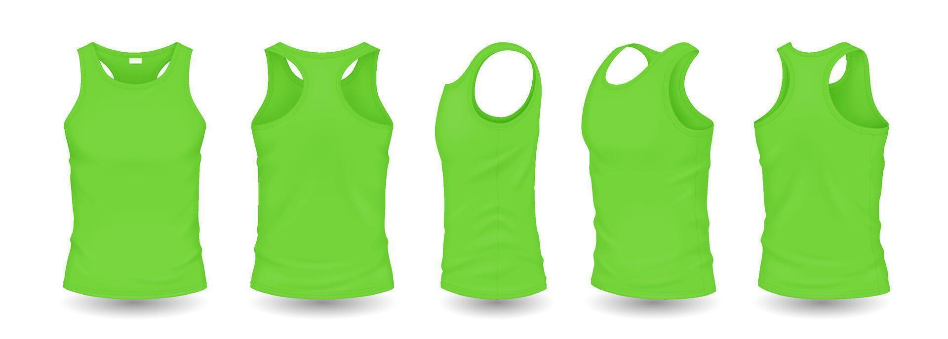 Green men tank tops with design template realistic illustration set. Sports clothes with space for logo 3d models on white background vector
