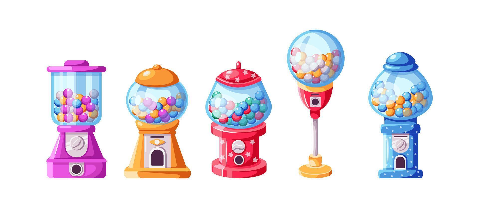 Collection of colorful gumball vending machines creative icons. Glass dispensers filled with tasty candies flat color illustration vector