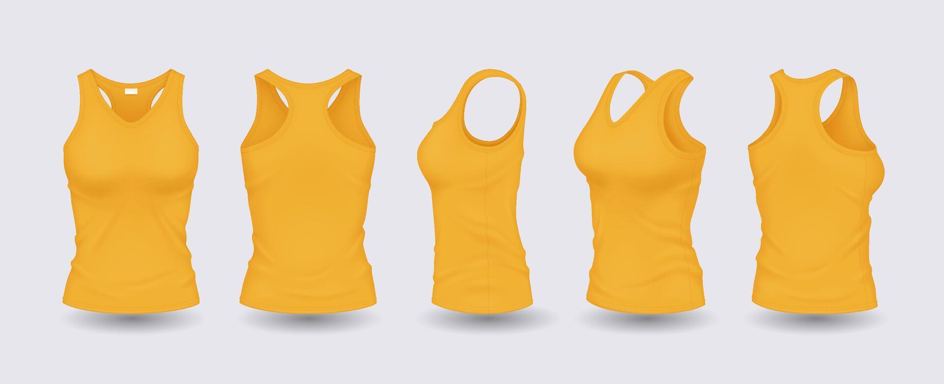 Yellow women tank tops with design template realistic illustration set. Sports clothes with space for logo 3d models on white background vector