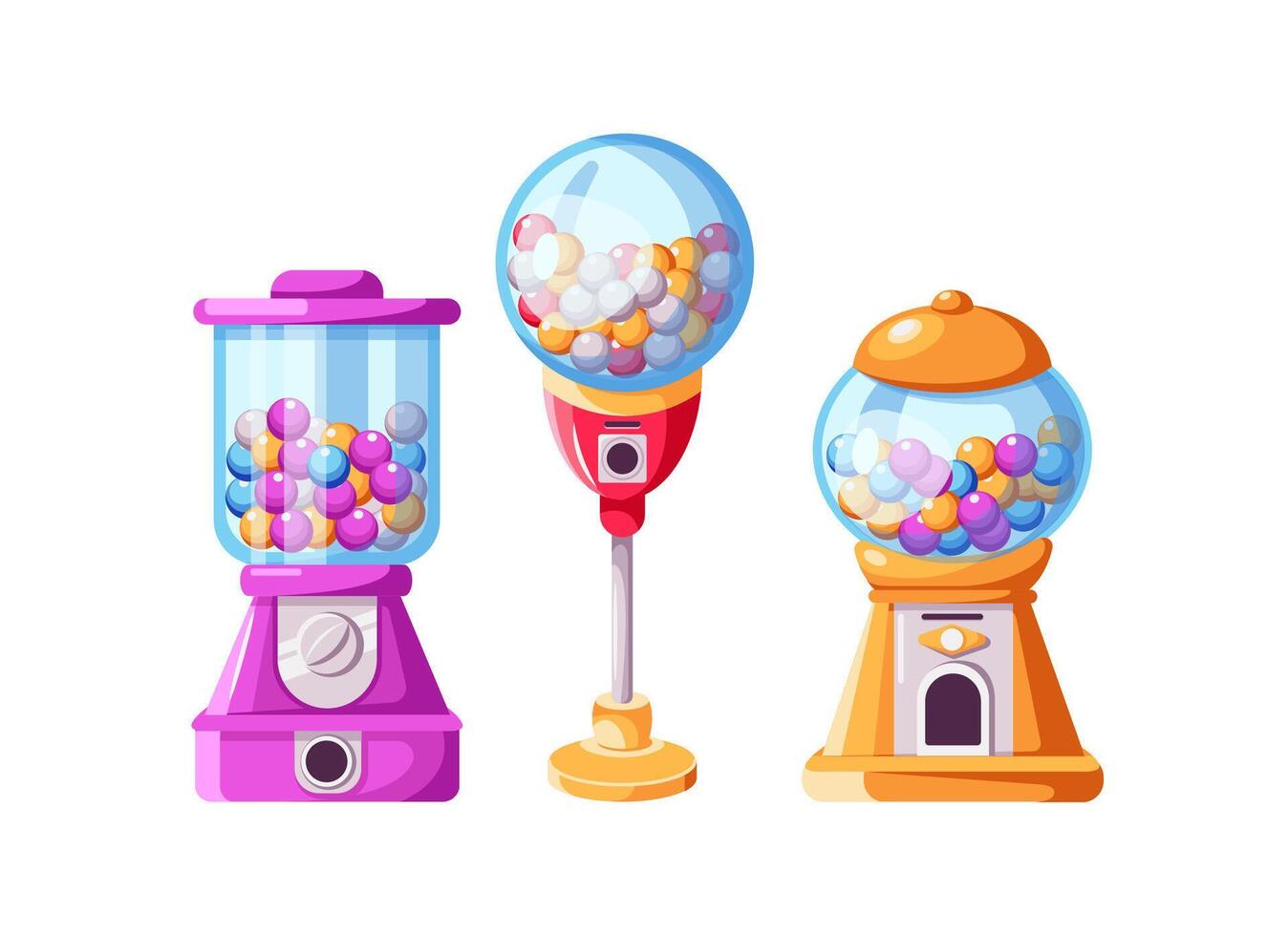 Retro gumball vending machines filled with colorful candies flat color icons set. Glass containers with sweet treats illustration bundle vector