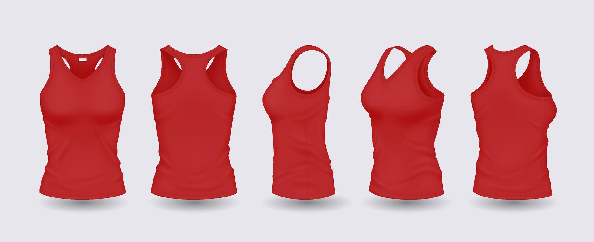 Red women sleeveless shirts with mockup design realistic illustration set. Clothes with space for brand 3d models on white background vector