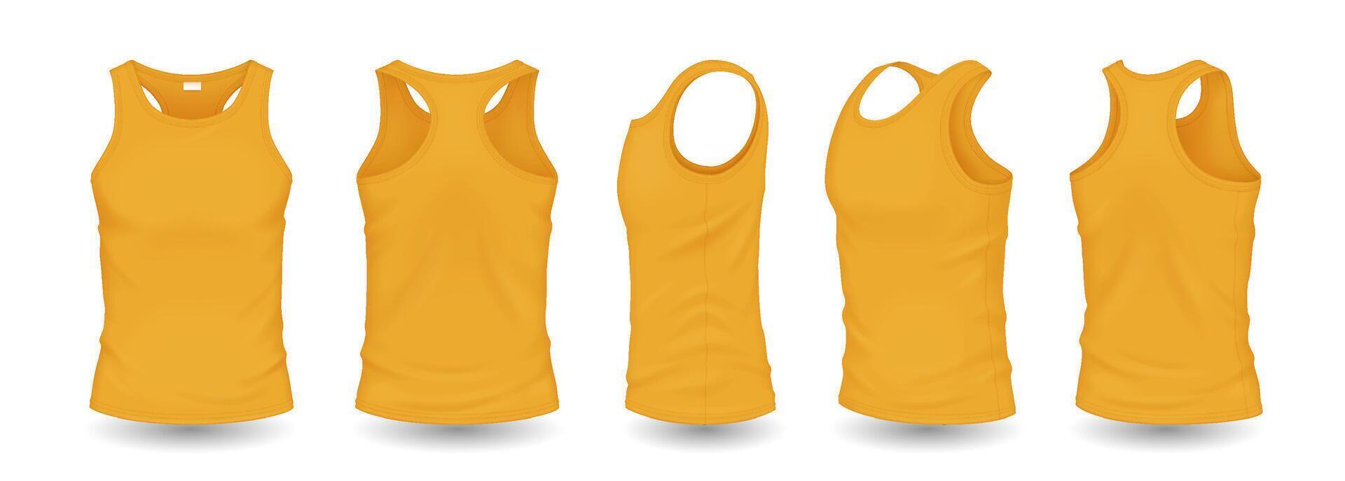 Yellow men tank tops with design template realistic illustration set. Sports clothes with space for logo 3d models on white background vector