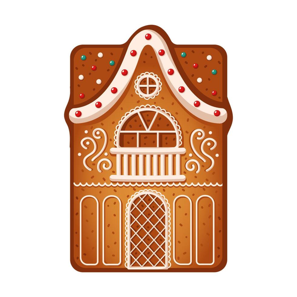 Gingerbread house decorated with icing and sprinkles flat color object. Tasty cookie evoking Christmas spirit illustration on white vector