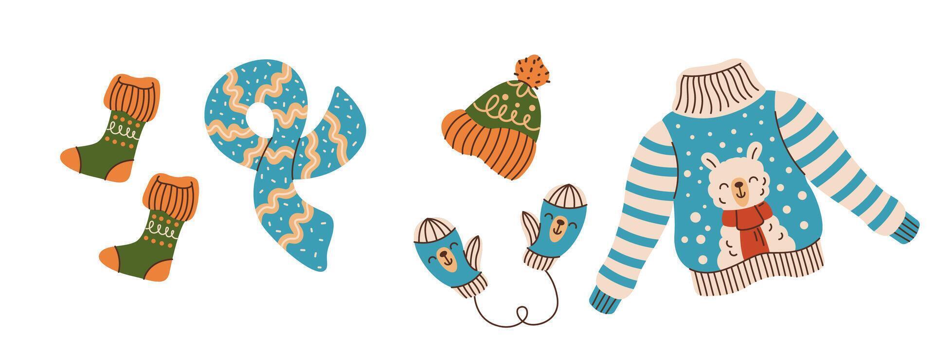 Cozy stylish winter clothes flat color objects set. Sweater hat scarf mittens and socks to keep warm illustrations on white background vector
