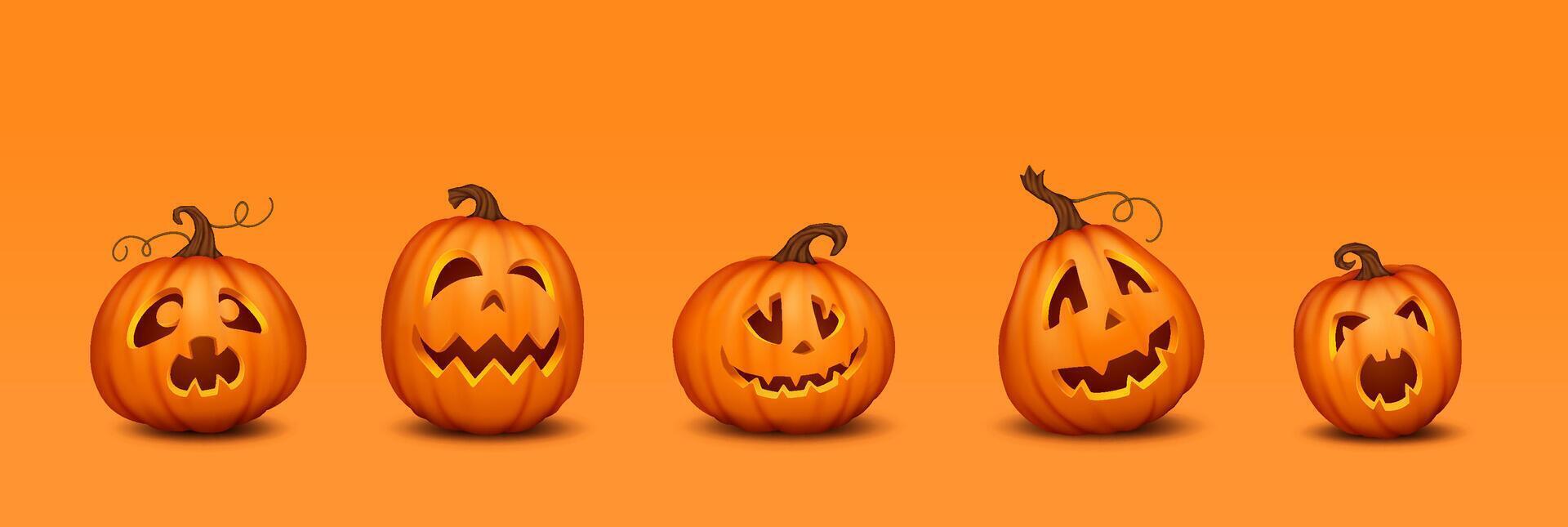 Pumpkins with frightening grimaces realistic color icons set. Halloween holiday jack-o-lantern 3d characters on orange background vector