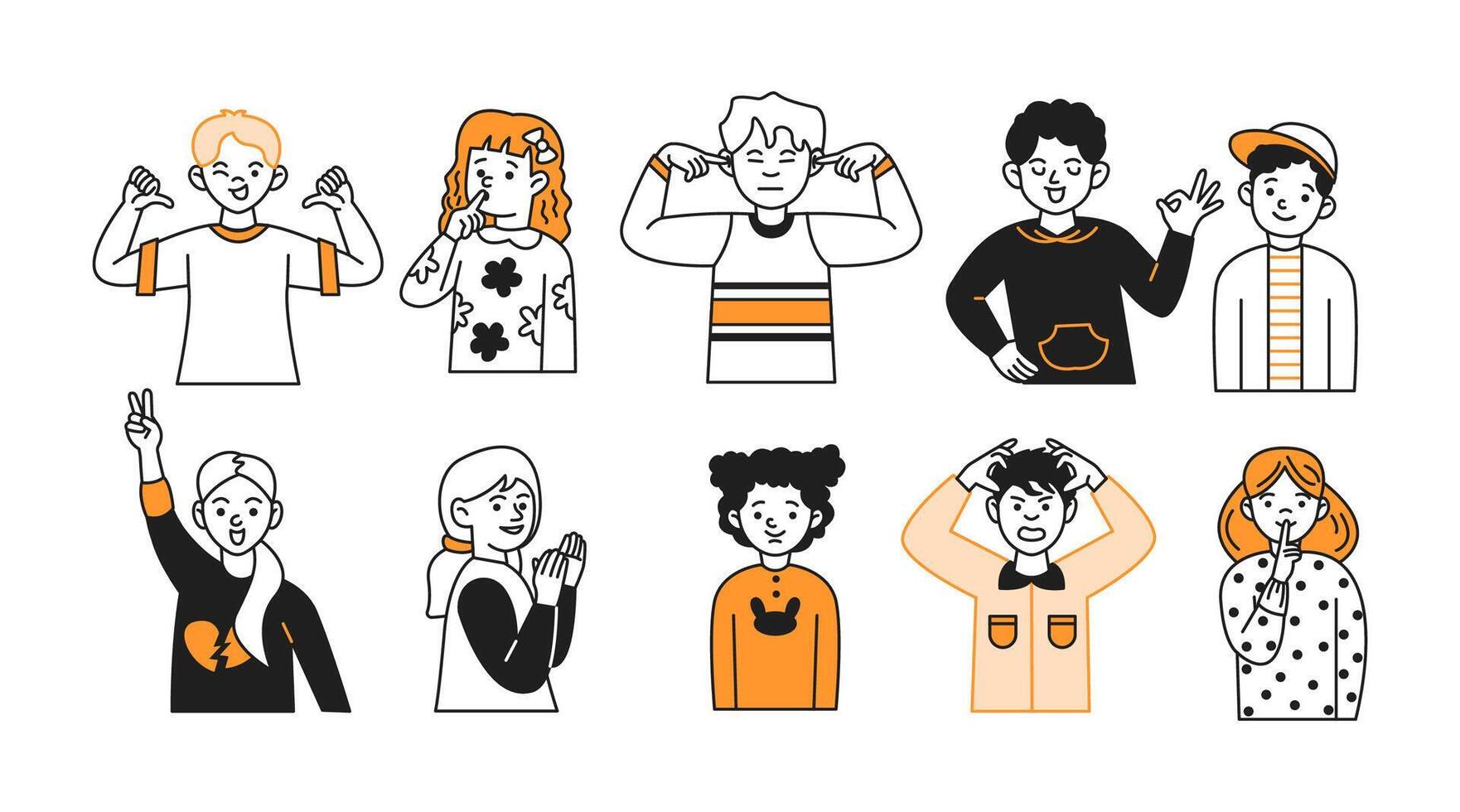 Group of children expressing various emotions with gestures icons set. Teenagers showing different feelings on white background vector