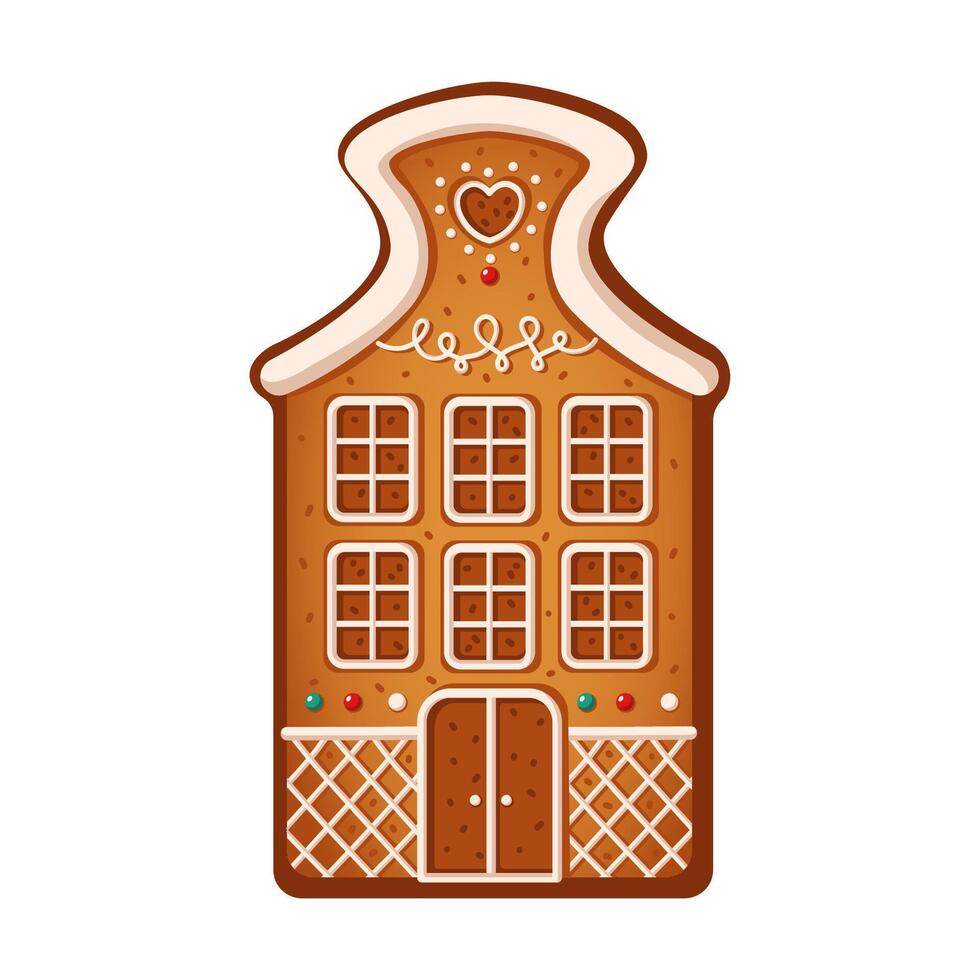 Homemade gingerbread house decorated with cream on roof flat color object. Christmas cookie with heart on top illustration on white vector