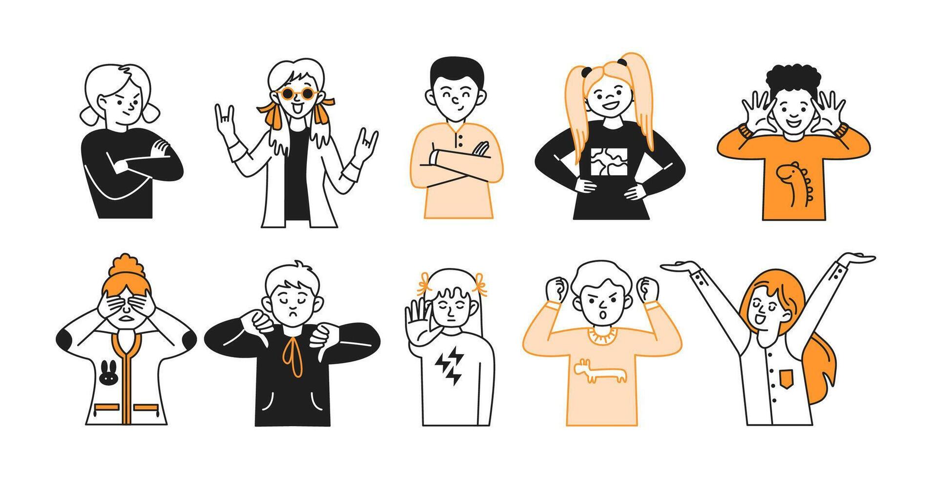 Children show various emotions with gestures icons set. Kids express different feelings with facial expressions on white background vector