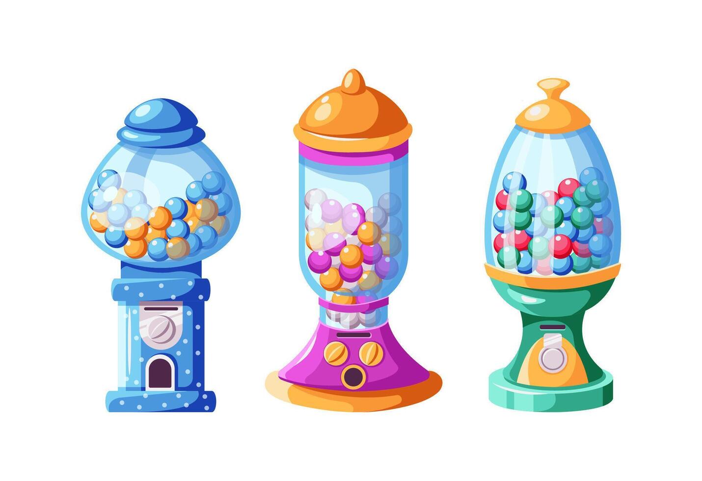 Vending machines of different designs with gumballs and chews flat color icons set. Round glass containers with candies illustrations bundle vector