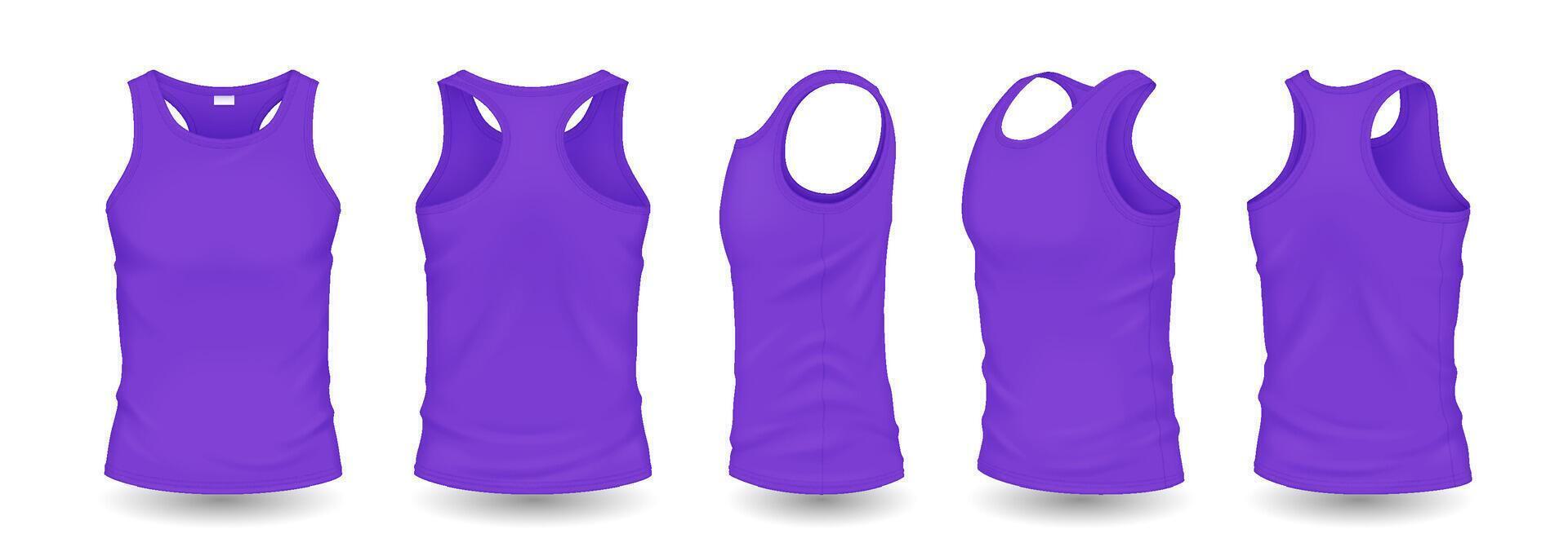 Purple men tank tops with design template realistic illustration set. Sports clothes with space for logo 3d models on white background vector