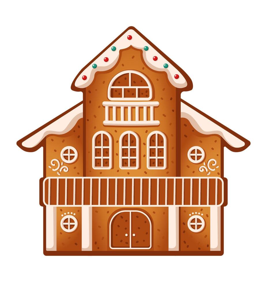 Fairytale gingerbread house with icing decor flat color object. Winter theme cookies creating Christmas atmosphere illustration on white vector
