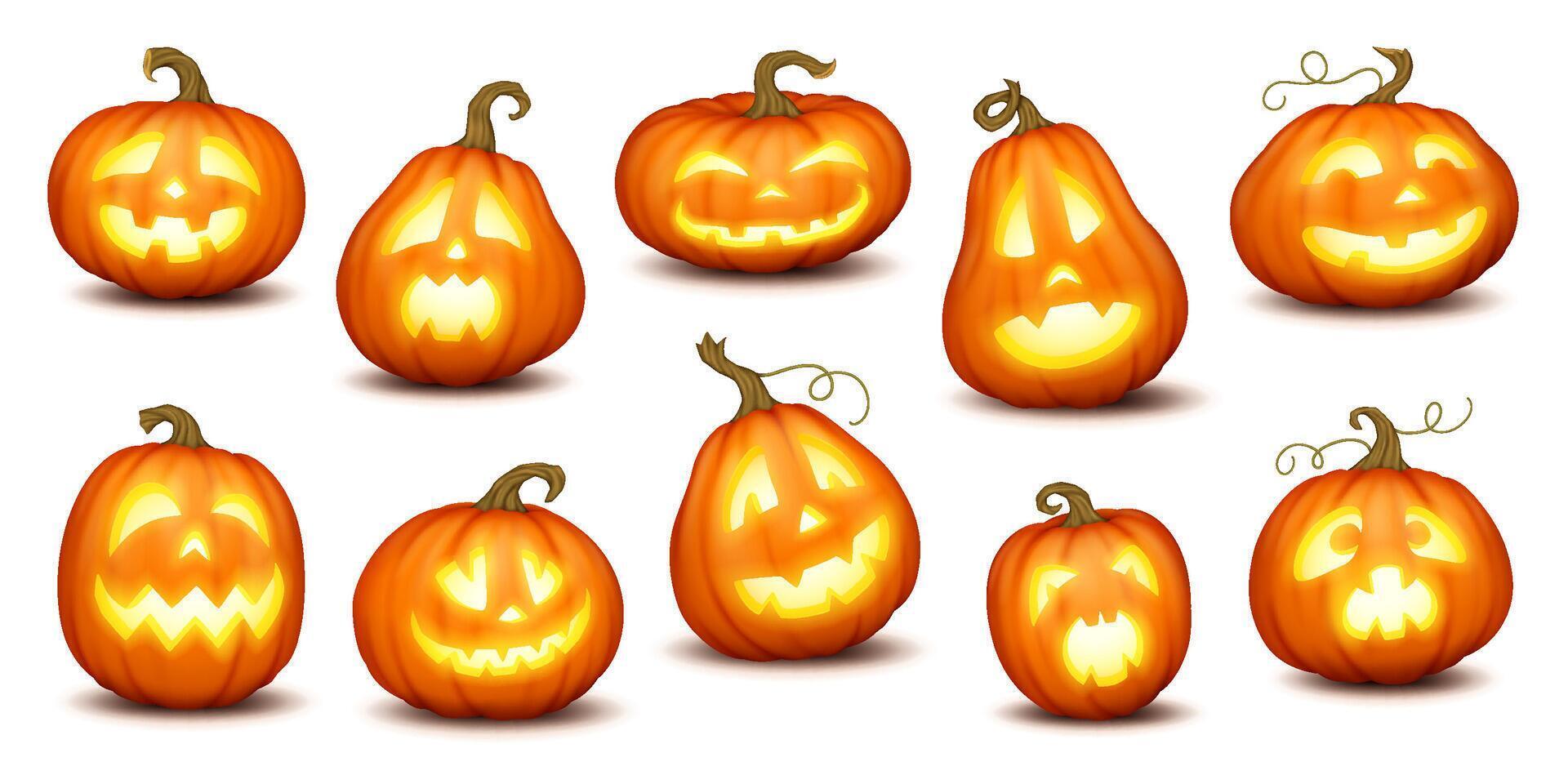 Illuminated jack-o-lanterns with scary grimaces realistic color icons set. Traditional Halloween pumpkins symbols 3d characters bundle vector