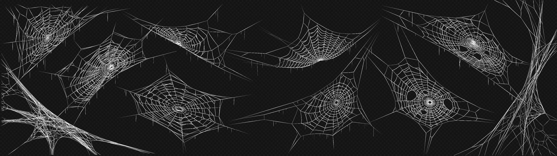 Cobwebs variations realistic icons set. Scary Halloween decoration creating spooky atmosphere 3d objects illustrations on black vector