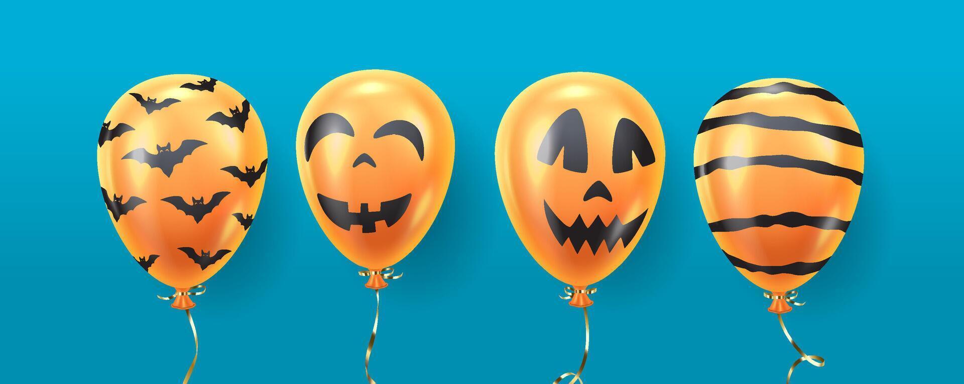 Orange Halloween balloons with spooky faces and bats realistic color icons set. Festive party design 3d objects illustrations on blue vector