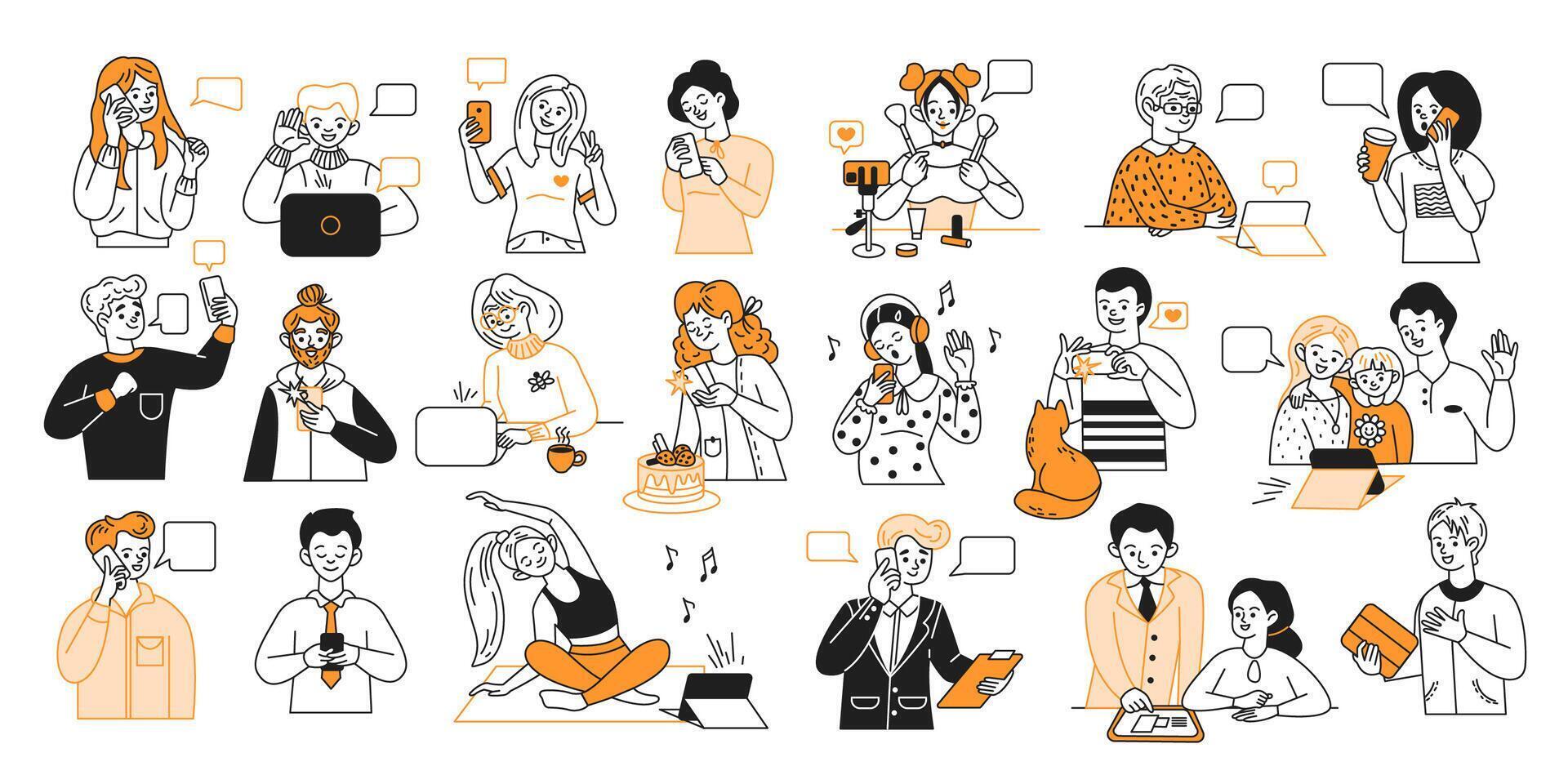 People using smartphones in various situations color line icons set. Adults with smartphones everyday life characters collection vector