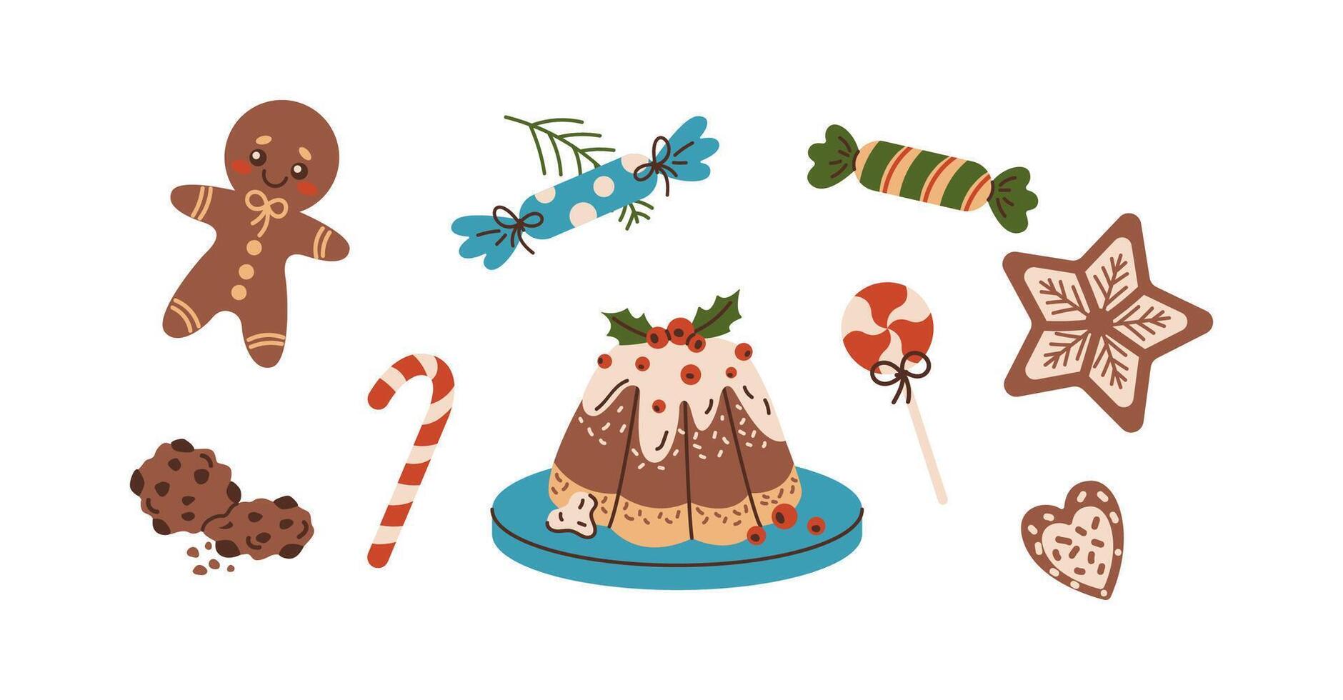 Festive Christmas sweets and treats flat color objects set. Traditional sugar treats prepared for winter holidays illustrations on white vector