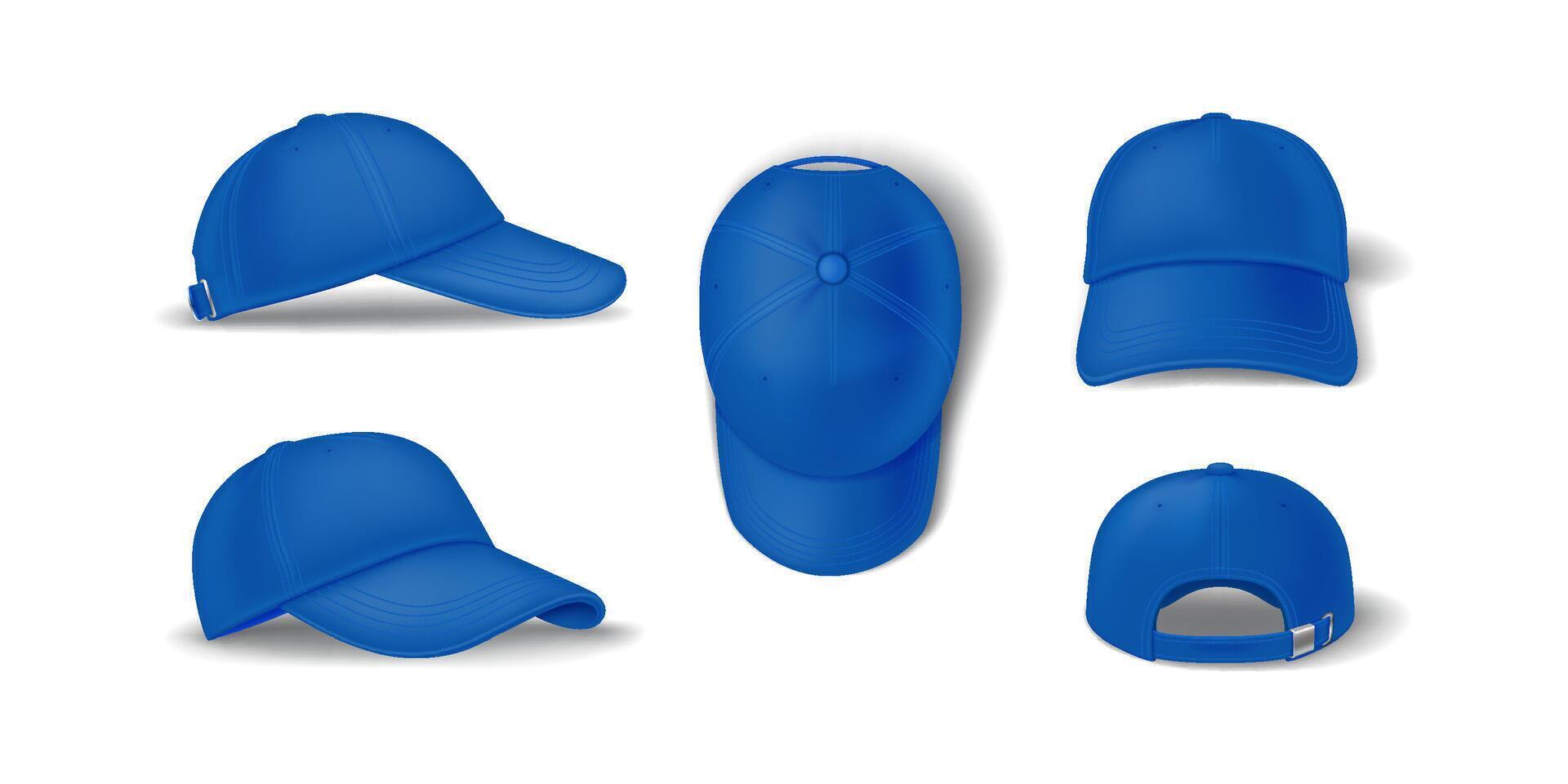 Casual blue baseball cap mockup template realistic illustration set. Head clothing with brand template 3d models on white background vector