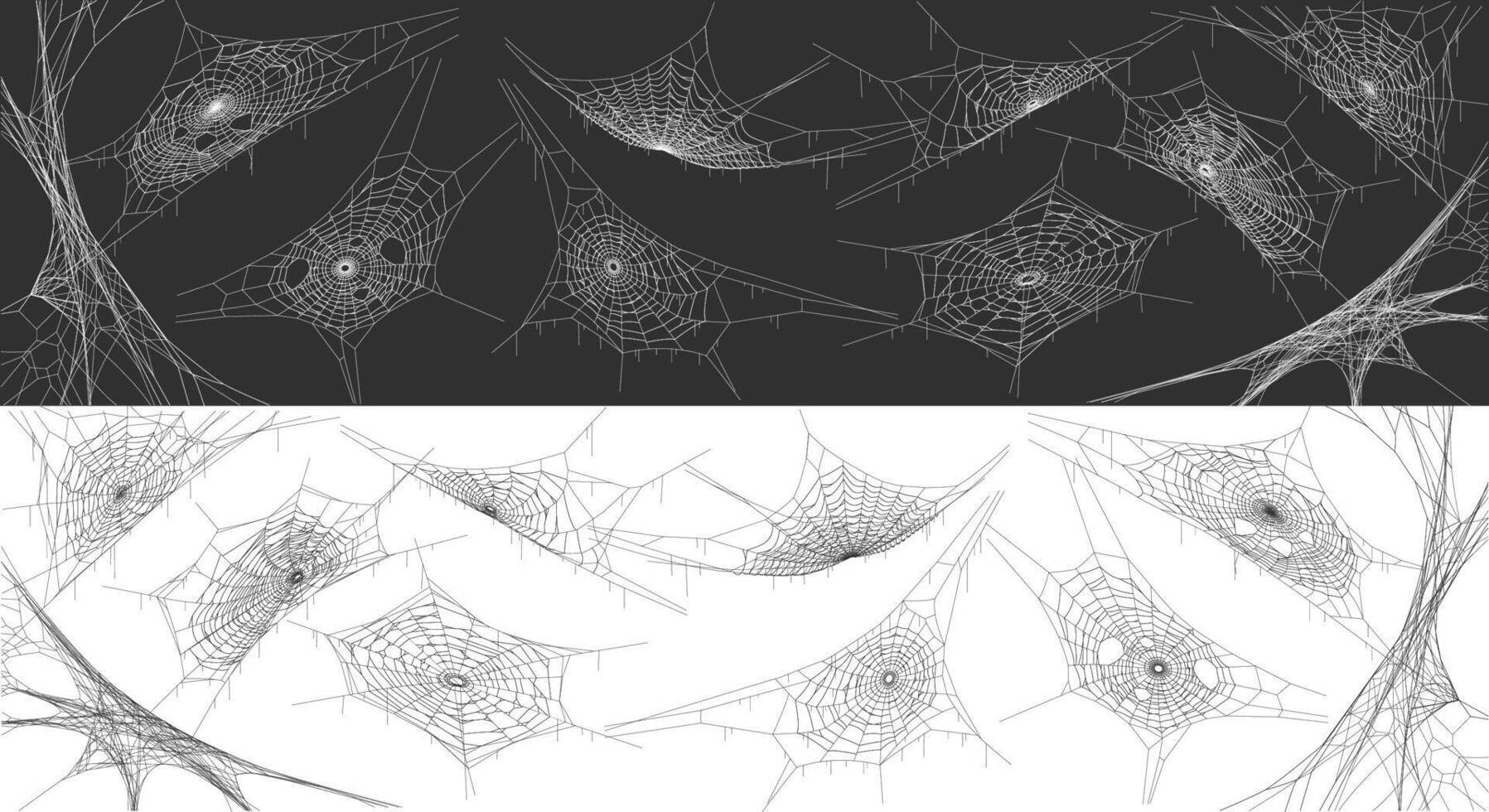 Mystery spiderwebs Halloween decor realistic icons set. Spooky cobweb patterns 3d objects illustrations on contrast backgrounds vector