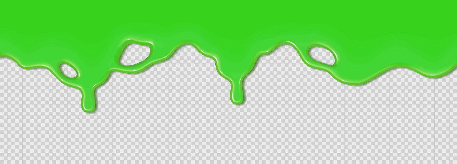 Green flowing toxic slime. Liquid wave of paint or sauce on checkered background. 3d realistic illustration. Halloween design. Flowing molten clot. Top horizontal border of the frame vector