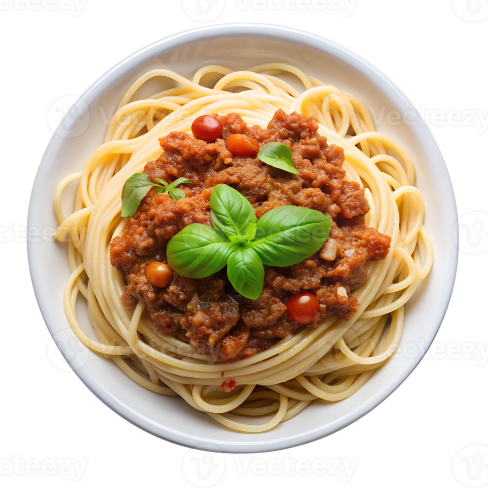 Top view of a pasta alla bolognese isolated on a transparent background png