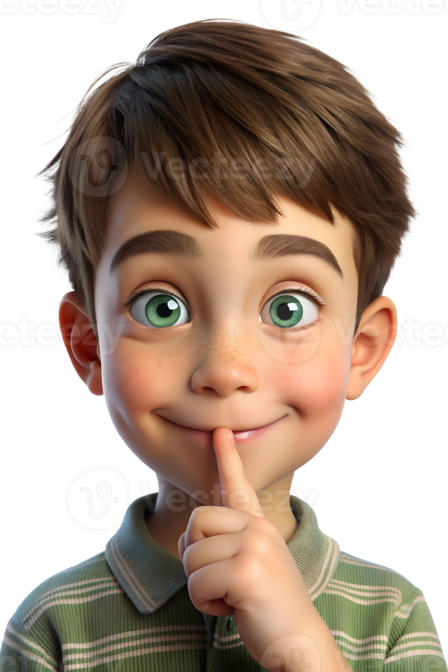 3D rendering of A young boy with a sly, playful grin, one eyebrow slightly raised. His eyes sparkle with mischievous energy png