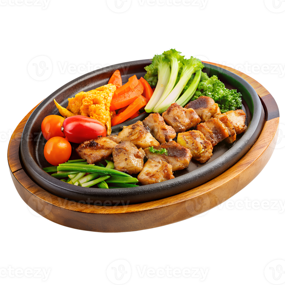 grilled pork thai style, a hot plate with various isolated on translucent background png