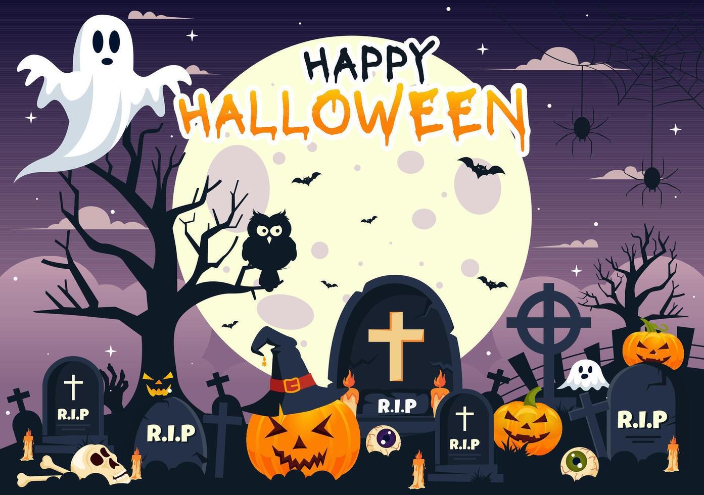 Halloween Celebration featuring Pumpkins, Ghosts, and Full Moon in a Flat Cartoon Background vector