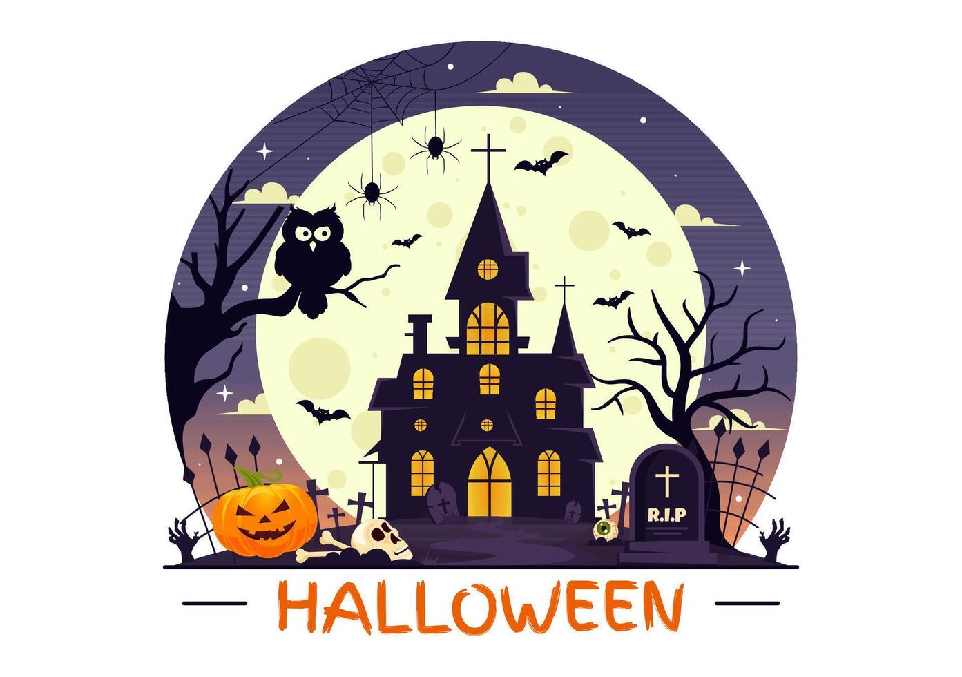 Halloween Night with Spooky Pumpkins and a Glowing Moon in Cartoon Background vector