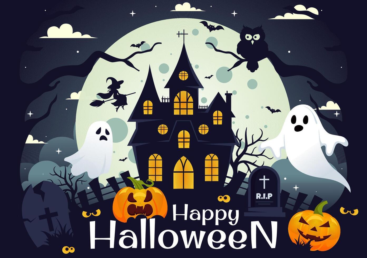 Halloween Illustration with Creepy Pumpkins, Ghosts, and Full Moon in a Flat Cartoon Style vector