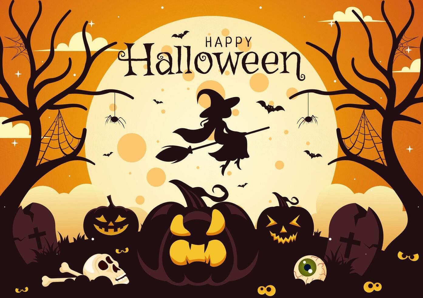 Creepy Halloween Illustration with Pumpkins, Ghosts, and a Full Moon vector