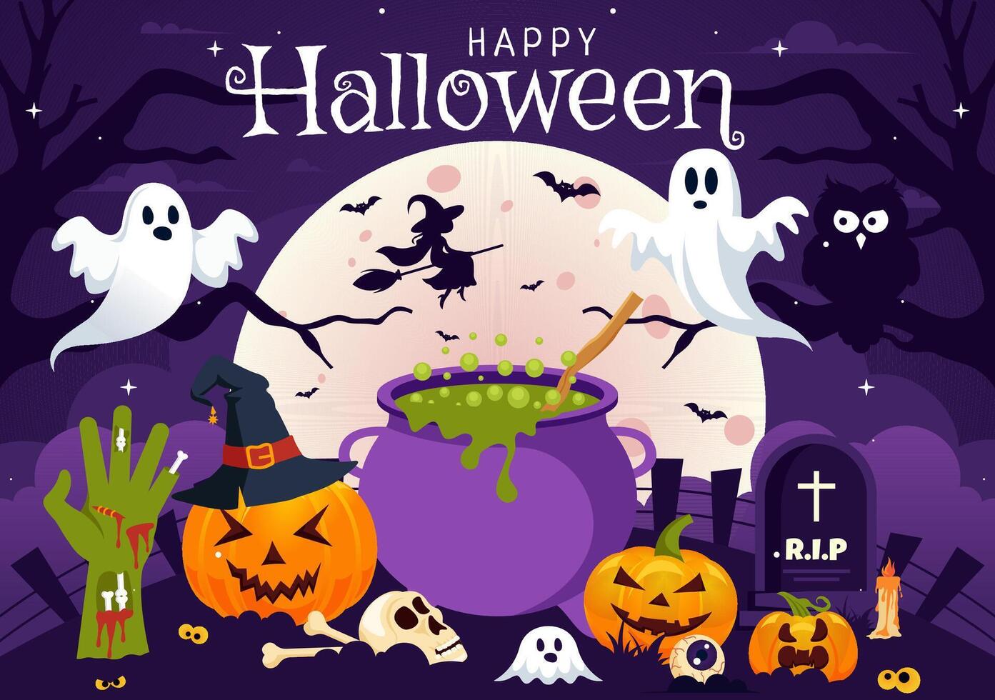 Spooky Halloween Night Design featuring Ghosts, Pumpkins, and a Glowing Moon in a Cartoon Background vector