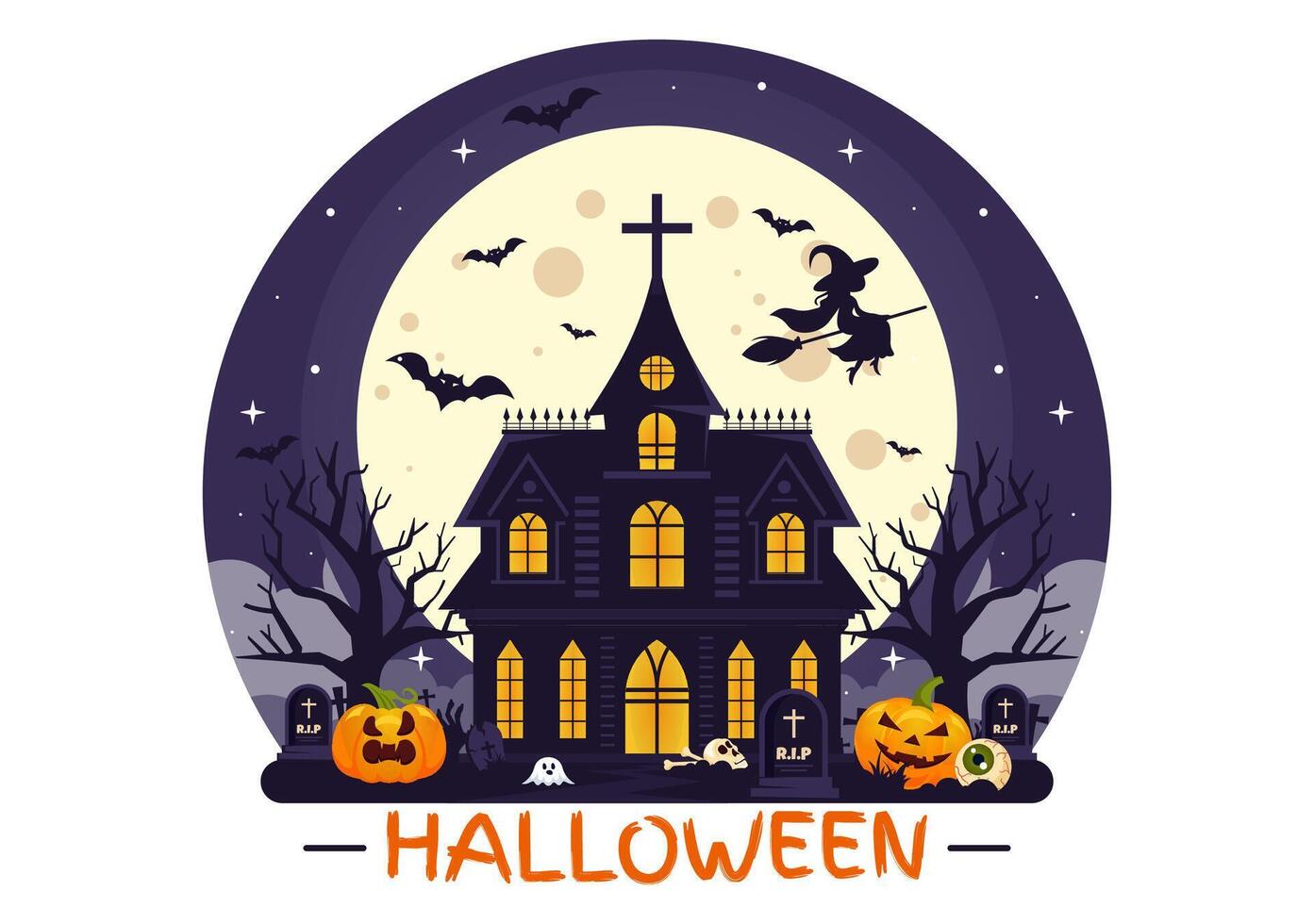 Scary Halloween Scene with Pumpkins, and Spooky Night Elements in Flat Style vector
