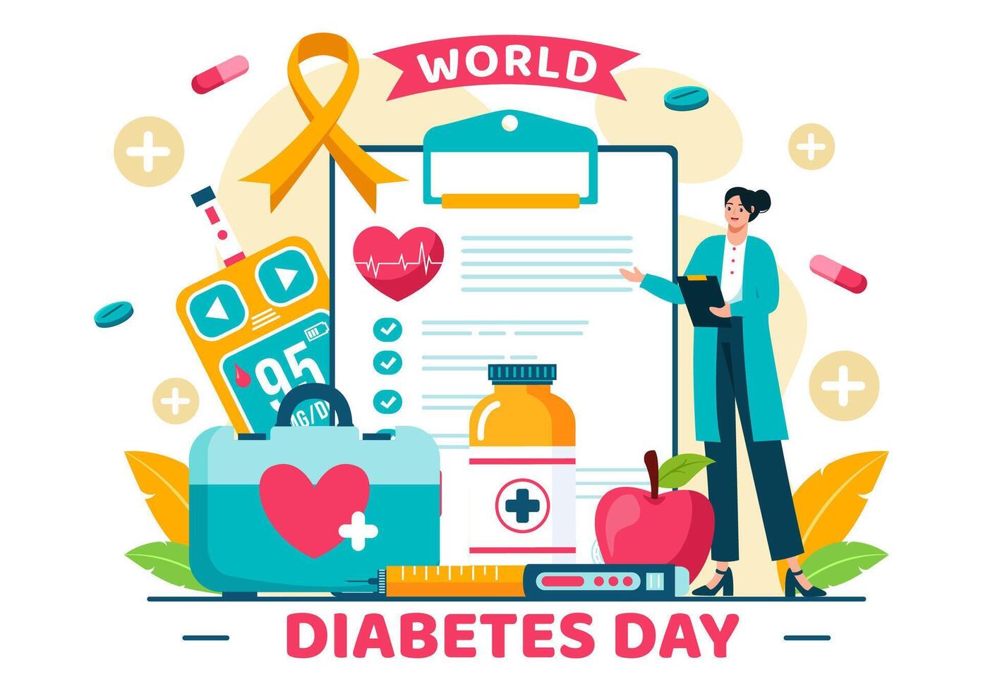 Medical Team Testing Glucose for World Diabetes Day on 14 November in Flat Cartoon Background vector