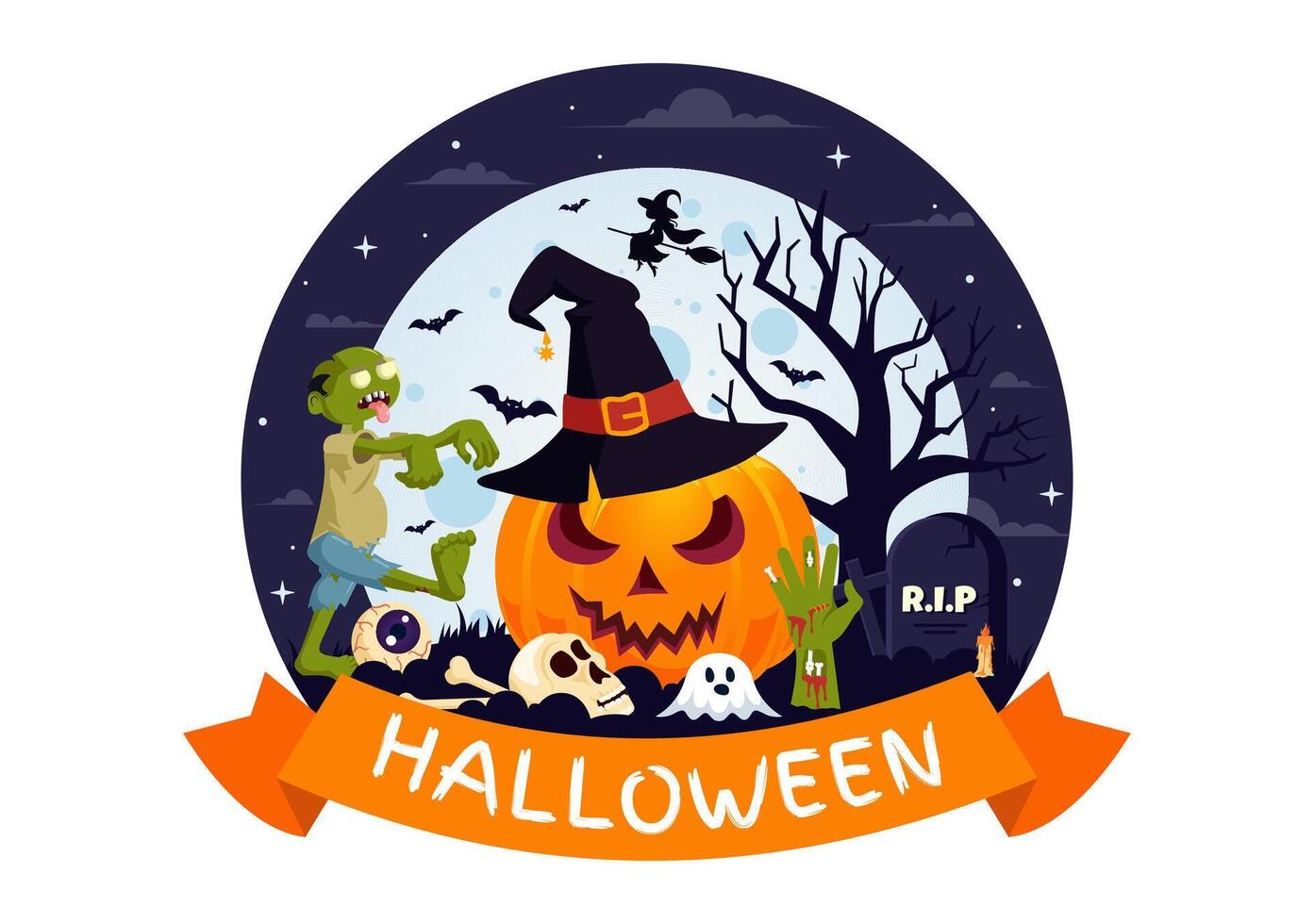 Spooky Halloween Night featuring Ghosts, Glowing Pumpkins, and a Moonlit Sky vector