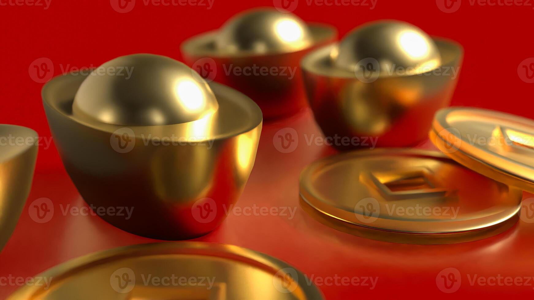 Chinese gold and coins on red Background 3d rendering. photo