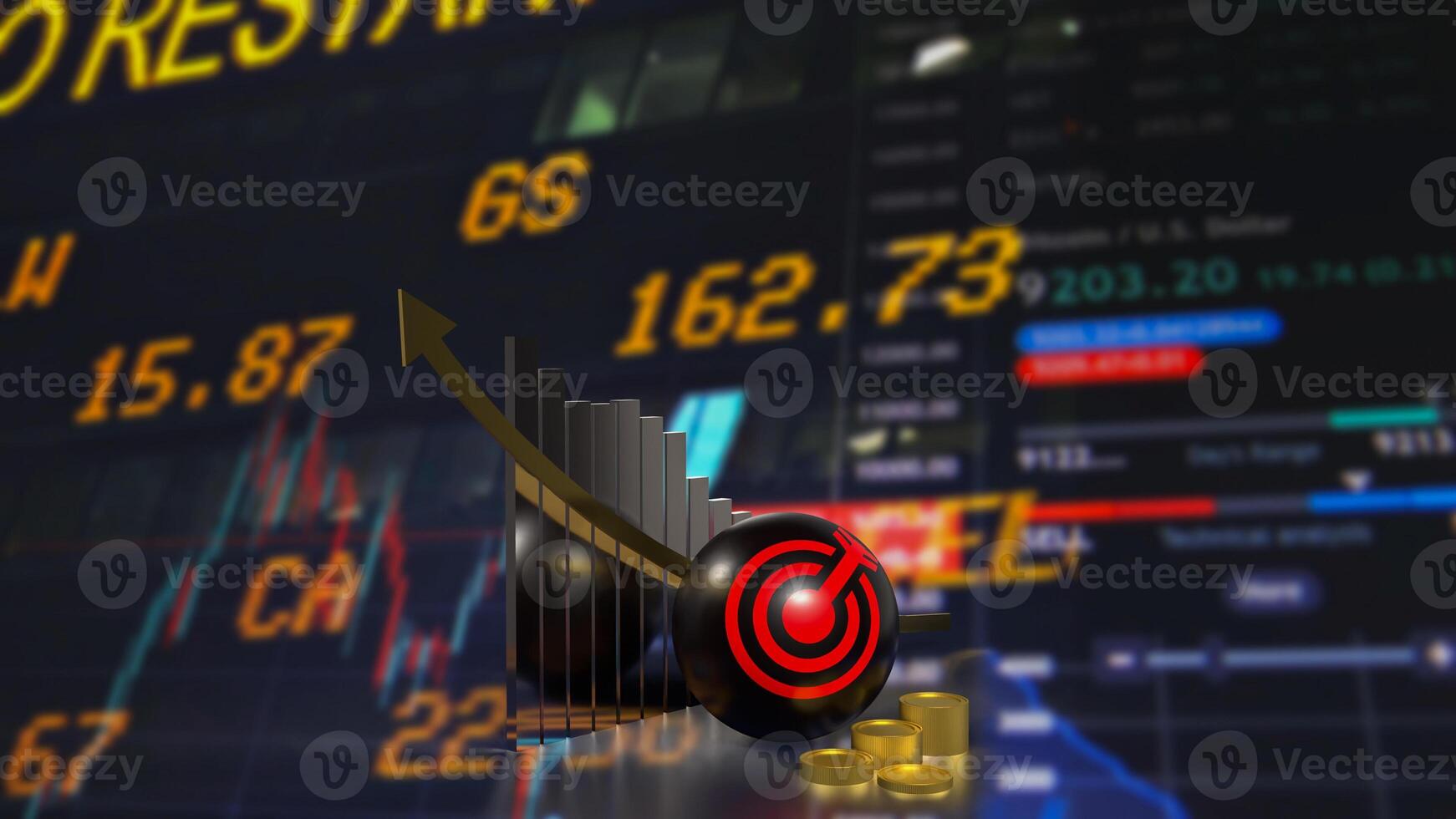 The red target symbol on black ball and coins for Business concept 3d rendering. photo