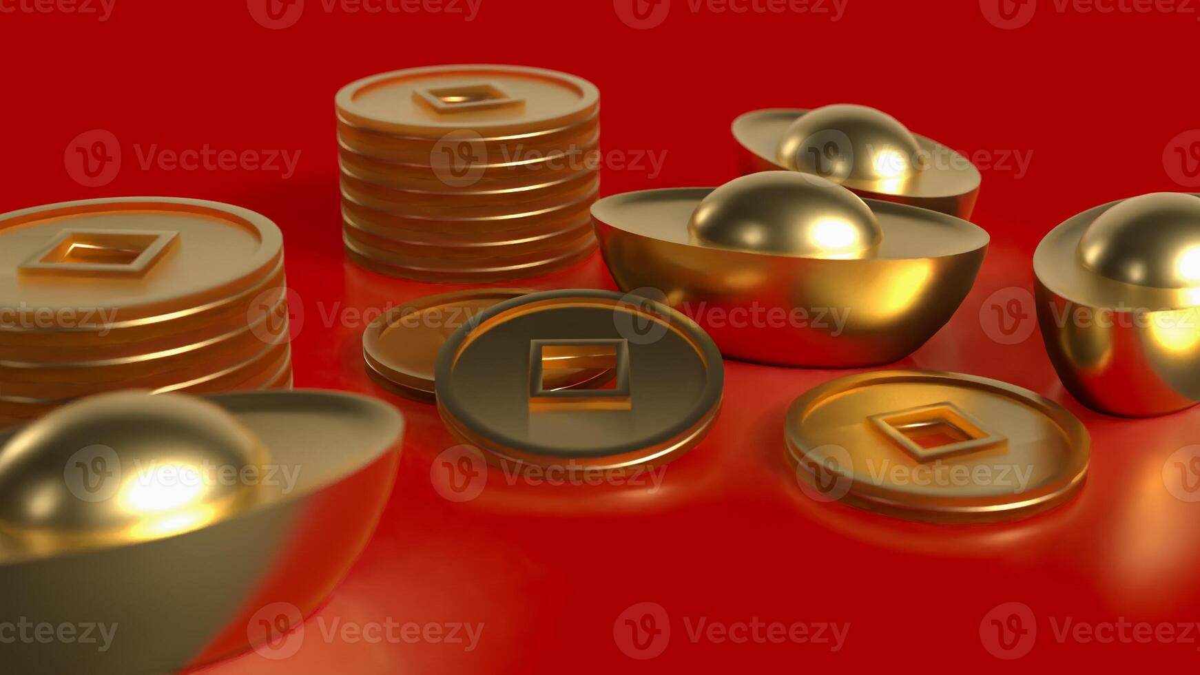 Chinese gold and coins on red Background 3d rendering. photo