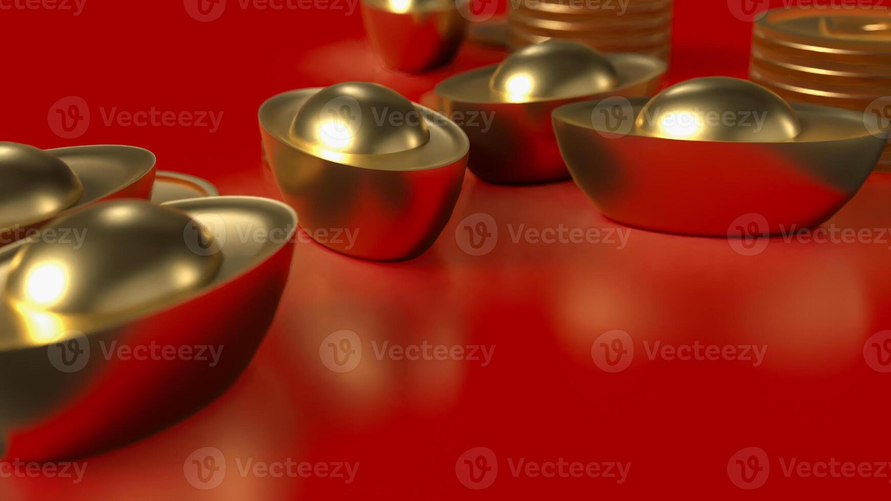 Chinese gold and coins on red Background 3d rendering. photo