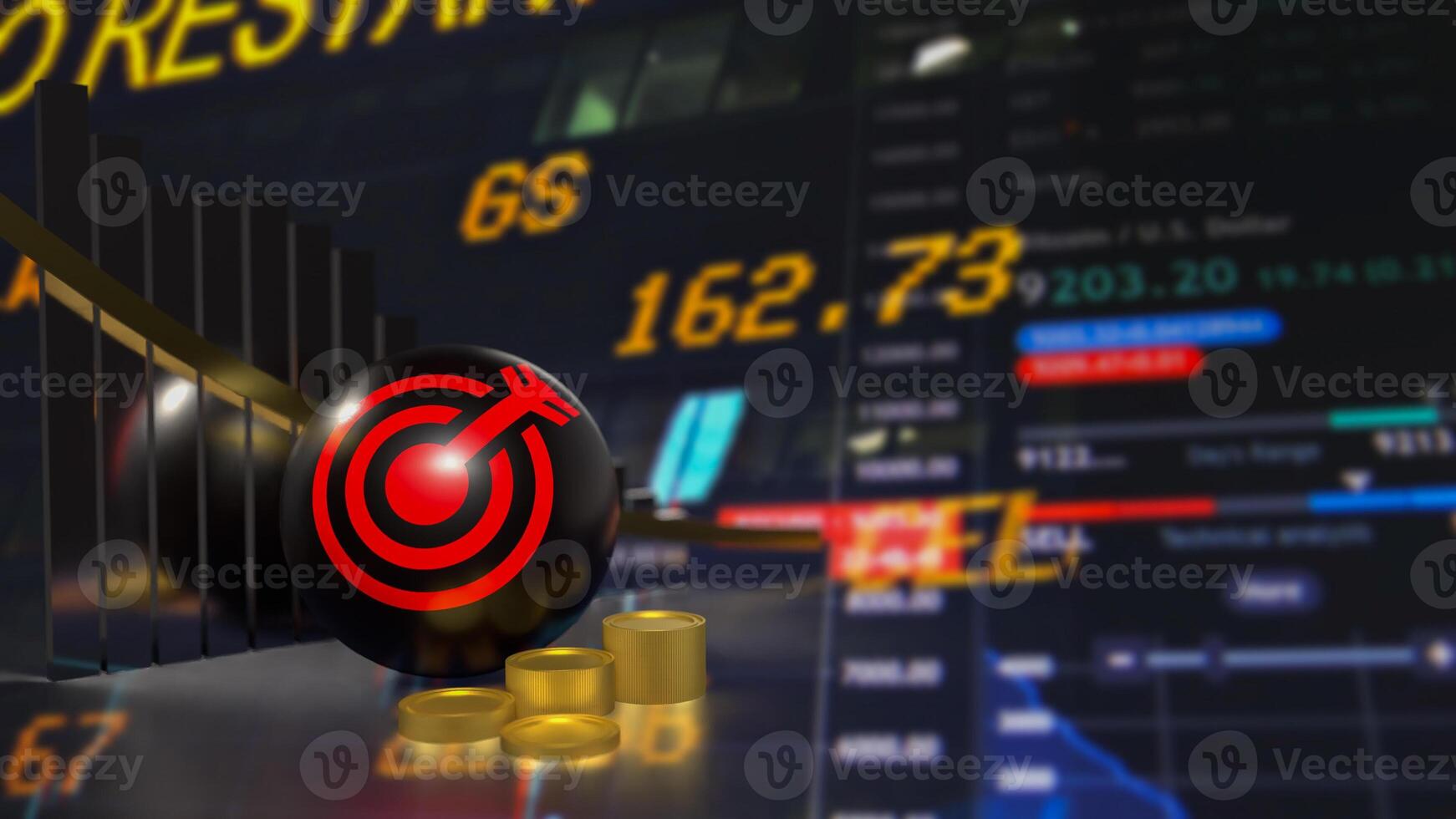 The red target symbol on black ball and coins for Business concept 3d rendering. photo