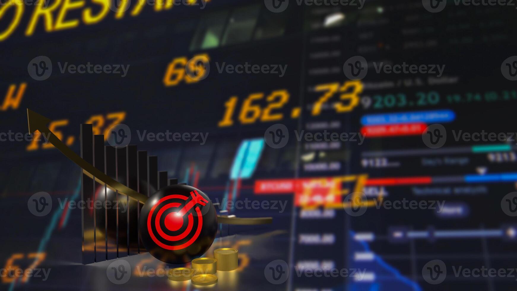 The red target symbol on black ball and coins for Business concept 3d rendering. photo