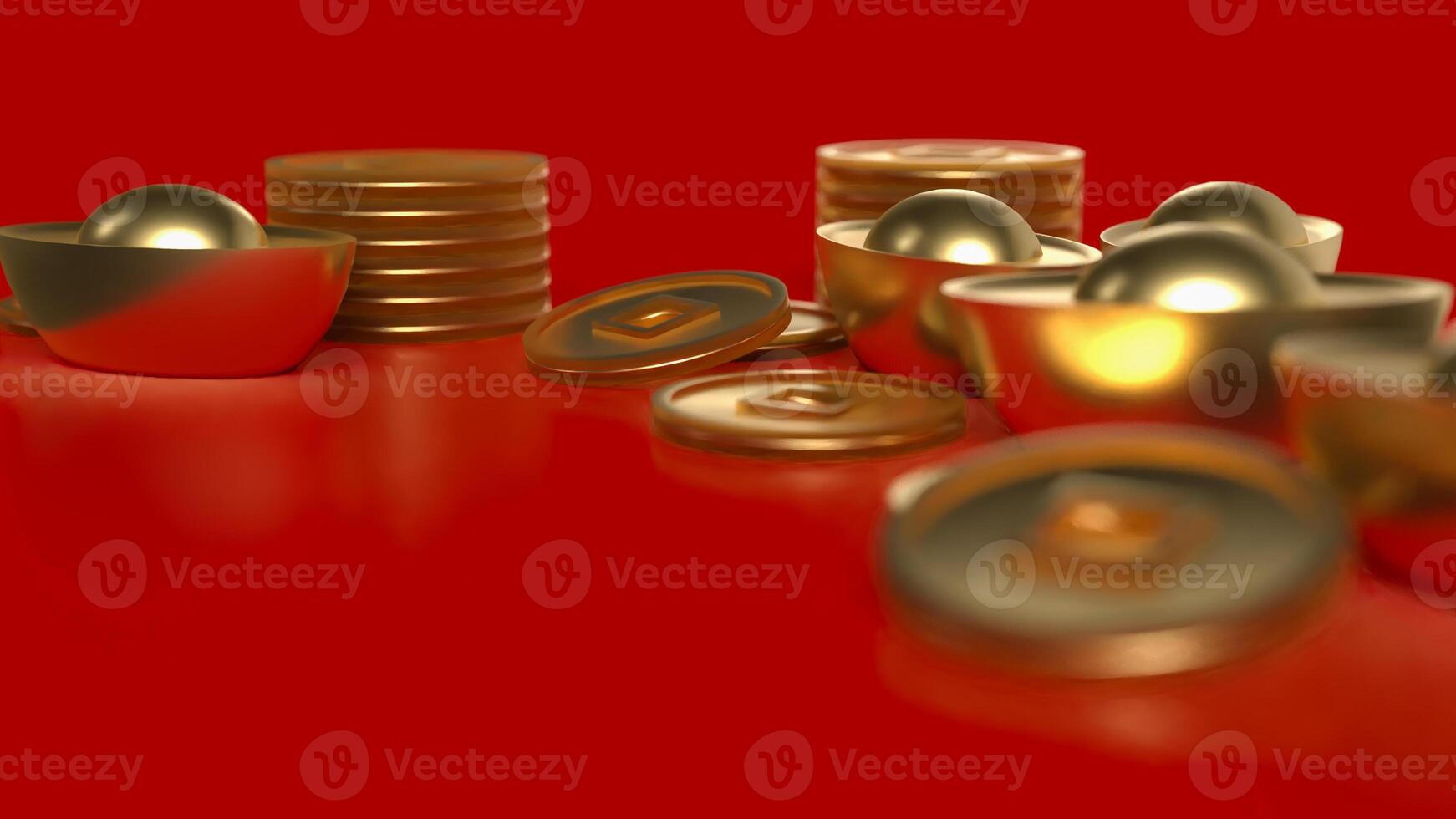 Chinese gold and coins on red Background 3d rendering. photo