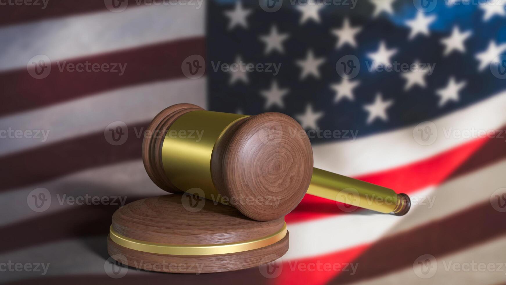 The Hammer wood law on American flag image 3d rendering. photo