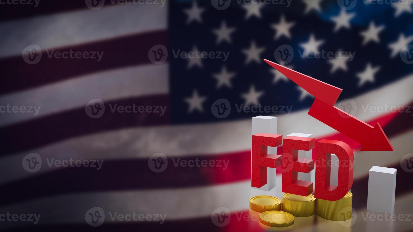 The fed and coin arrow down on USA flag background 3d rendering. photo