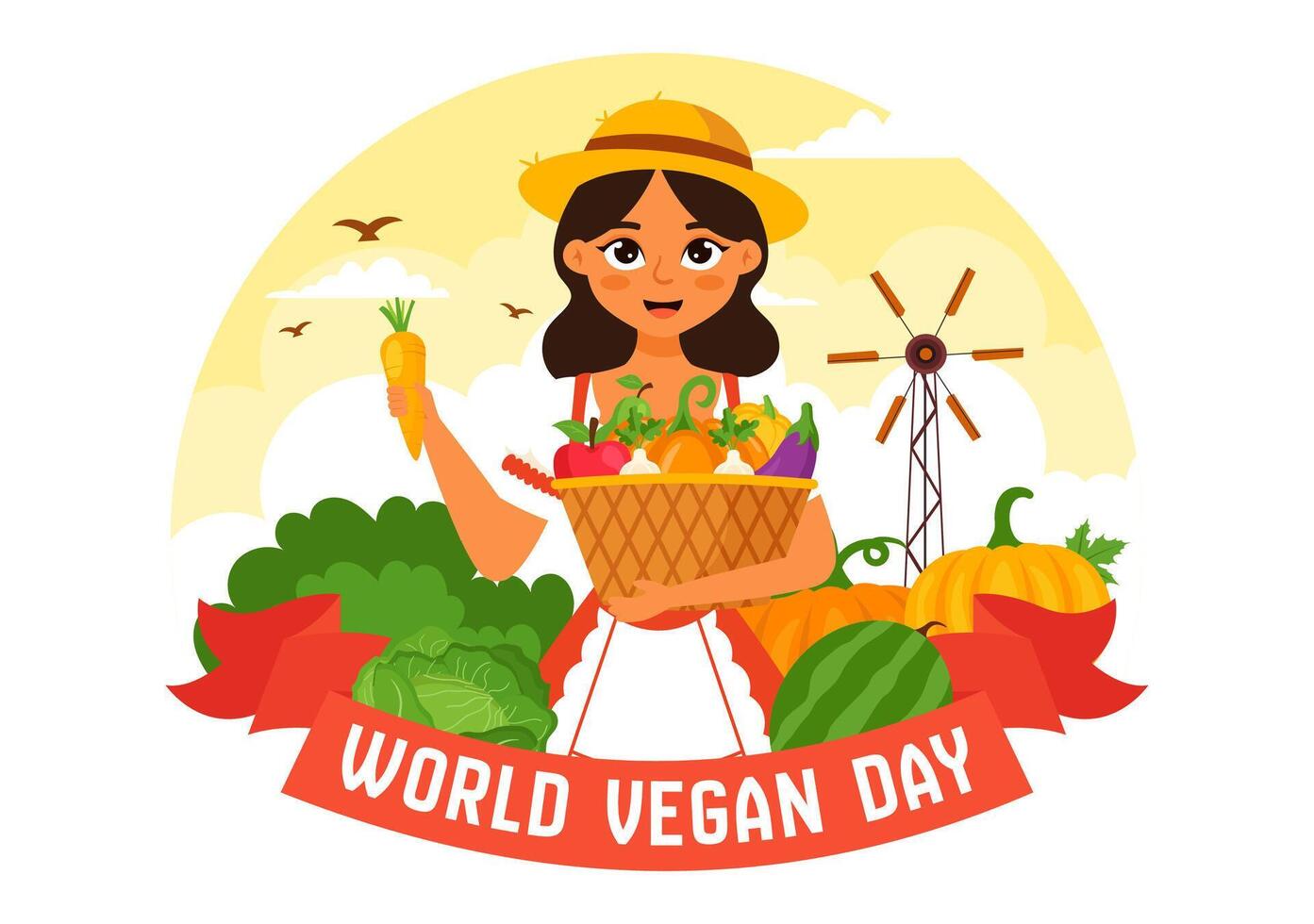 World Vegan Day Flat Cartoon Design of Vibrant Fruits and Vegetables vector